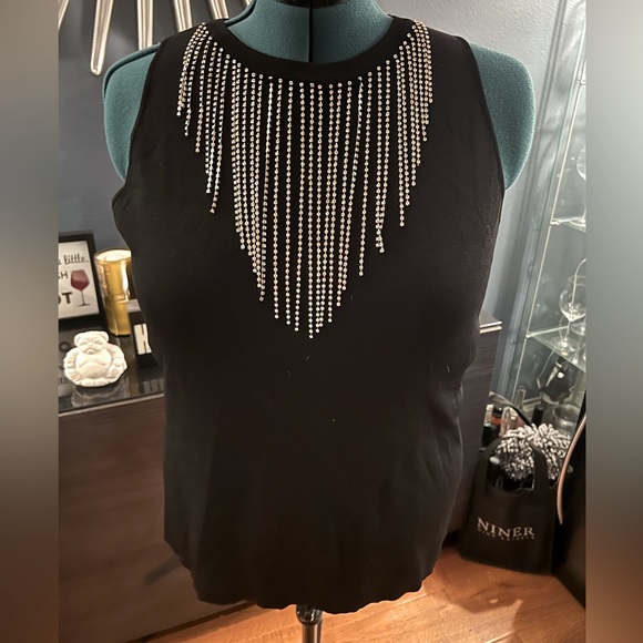 INC International Concepts Black Crewneck Rhinestone Fringe Neckline - Picture 8 of 13